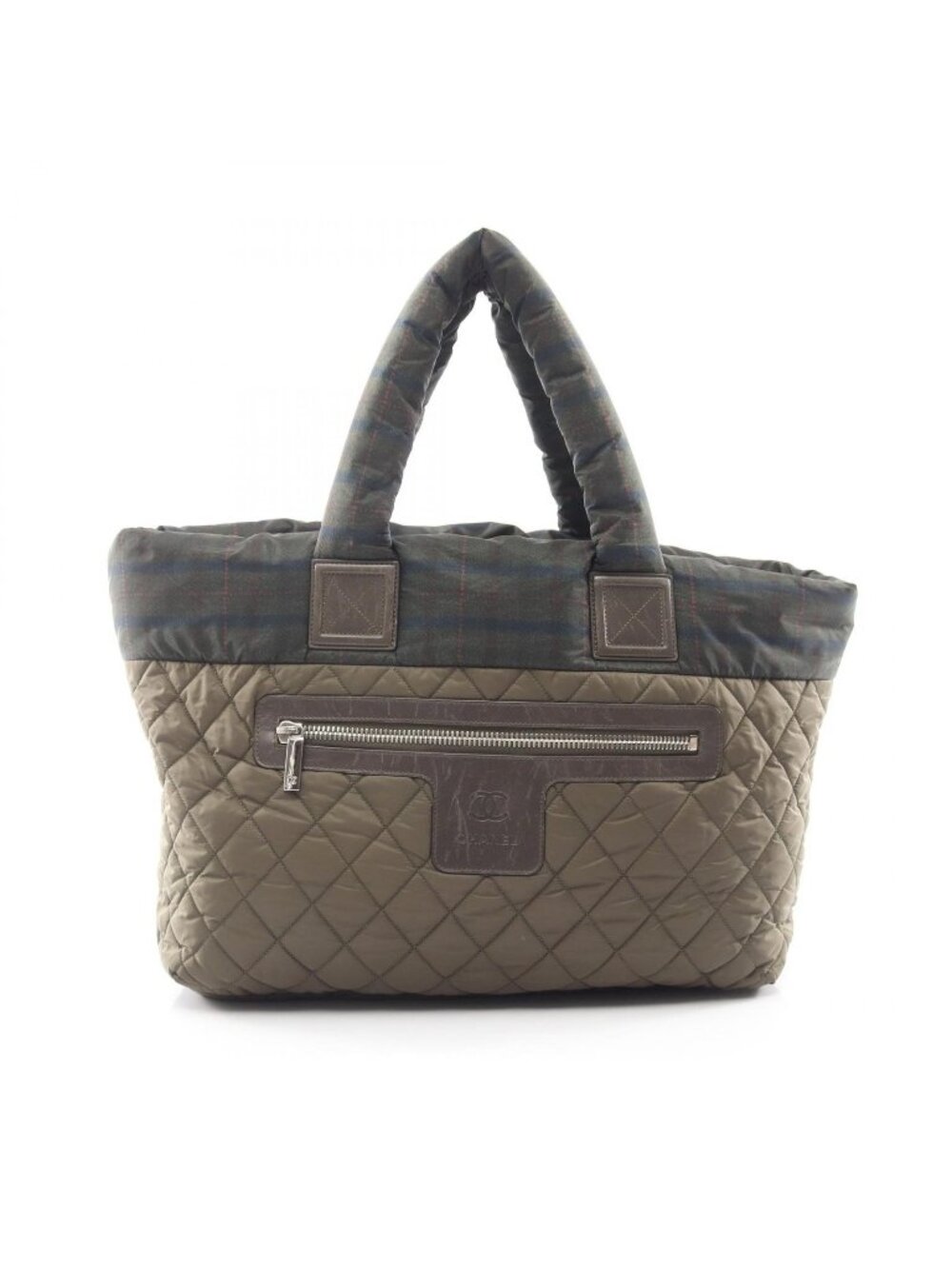 Chanel Tote Bag Coco Cocoon MM Check Khaki Multi Nylon Leather MM